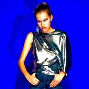 ZARA Asymmetric Metallic Top - Drape Flow Shimmer NEW SZ L